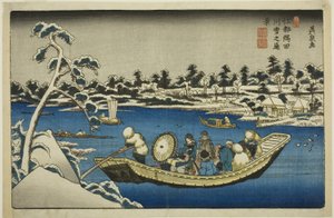 Vue lointaine de la neige sur la rivière Sumida à Edo