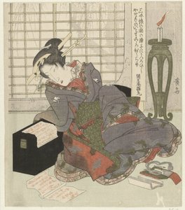 Une geisha appuyée sur la boîte de son shamisen - Keisai Eisen