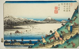 No. 31 : Vue du lac Suwa depuis le col de Shiojiri (Sanjuichi : Shiojiri toge Suwa no kosui chobo), de la série "[Soixante-neuf stations du] Kisokaido"