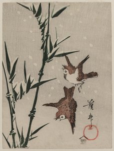 Moineaux, bambou et neige tombante, vers fin des années 1820