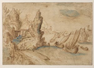 Scène côtière imaginaire avec des bateaux de pêche - Kerstiaen de Keuninck