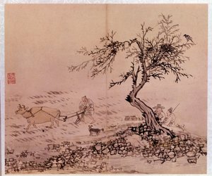 Art coréen : scène de labour. Estampes de Kim Hong-do (Kim Hong Do) ou Danwon (1745-ca. 1806)