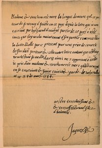 Lettre du roi Jacques VI 1566-1625 à sa mère, la reine Marie 1542-1587, 1584-5