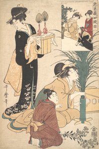Une femme et un homme arrangeant des fleurs pour le festival de la lune Tsukimi - Kitagawa Utamaro