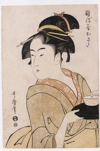 Portrait en buste de la serveuse Okita de la maison de thé Naniwaya - Kitagawa Utamaro
