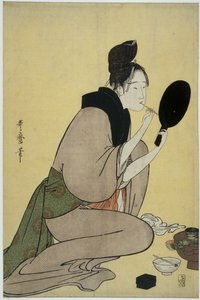 Bijin-ga. Fille appliquant du maquillage sur ses lèvres - Kitagawa Utamaro