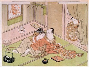 Couple se caressant sous le regard de la servante. Estampe japonaise de Utamaro Kitagawa (1753-1806). 18e siècle. Paris, Musée Guimet, Musée national des arts asiatiques - Kitagawa Utamaro
