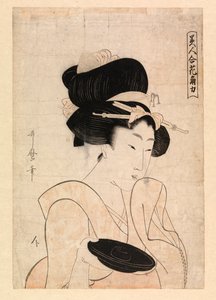 Courtisane tenant une tasse de saké, vers 1790-1806 (gravure en couleur)