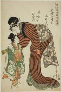 Oyumi, la femme de Ginjuro, de la pièce "Whirlpools of Awa" (Awa no naruto, Ginjuro nyobo Oyumi), de la série "Bamboo Nodes in Puppet Theater Designs (Ayatsuri moyo take no hitofushi)". - Kitagawa Utamaro
