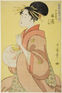 Hinazuru du Chojiya, dont les assistants sont Tsuruji et Tsuruno, de la série "Array of Supreme Beauties of the Present Day"