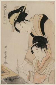Mère enseignant la calligraphie à sa fille, de la série, Douze occupations des femmes, vers 1798