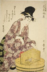 Murasaki Shikibu : Oiseau, de la série "Femmes célèbres et leurs poèmes sur les fleurs, les oiseaux, le vent et la lune (Meifu eika kacho fugetsu)"