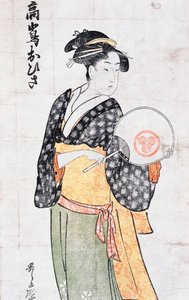 Ohisa de la maison de thé Takashima, femme en kimono avec éventail, estampe ukiyo-e par Kitagawa Utamaro (1753-1806), période Edo - Kitagawa Utamaro