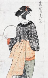 Ohisa de la maison de thé Takashima, femme en kimono avec éventail, estampe ukiyo-e par Kitagawa Utamaro (1753-1806), gravure sur bois, civilisation japonaise, période Edo