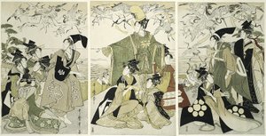 Parodie de Minamoto no Yoritomo libérant des grues à Yuigahama - Kitagawa Utamaro