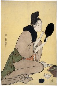 Sur la beauté : femme se maquillant les lèvres - Kitagawa Utamaro