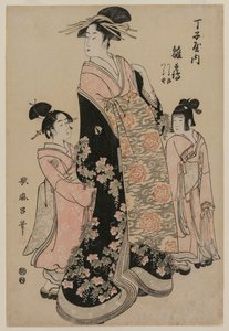 La courtisane Hinazuru de Chojiya avec ses assistantes Tsuruji et Tsuruno - Kitagawa Utamaro