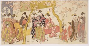 Trois groupes de courtisanes avec leurs Shinzo et Kamuro