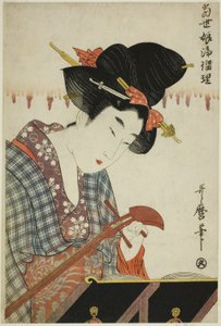 Accordant un shamisen, de la série "Chantant au shamisen par les jeunes femmes d