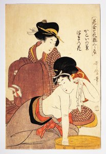 Femme se lavant, vers 1803, illustration de Kitagawa Utamaro, extrait de Hana Awase Kesho Kurabe, Aiban-tate-e, civilisation japonaise, période Edo - Kitagawa Utamaro