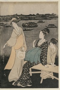 Femmes profitant de la fraîcheur du soir près du pont Ryogoku - Kitagawa Utamaro