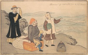 Groupe de trois hommes chinois sur une falaise au bord de la mer, 1789