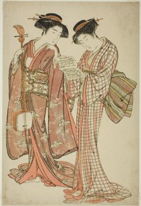 Deux geishas tenant un shamisen et un livre de chansons - Kitao Shigemasa