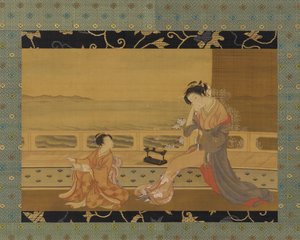 Deux filles sur un balcon surplombant la mer, période Edo, 1739-1820