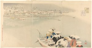 Deuxième mois : Colline de Matsuchi sous la neige au crépuscule (Kisaragi, Matsuchiyama yuki no tasogare), de la série Vraies vues des lieux célèbres de Tokyo (Tokyo meisho shinkei no uchi)