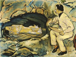 Autoportrait, dessin avec sirène dans la grotte rocheuse - Koloman Moser