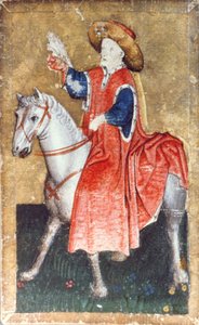 Un fauconnier monté, une des cartes à jouer représentant des scènes de fauconnerie courtoise, région du Haut-Rhin, vers 1440-45