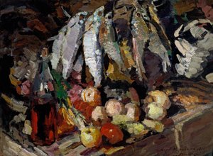 Poissons, vin, fruits
