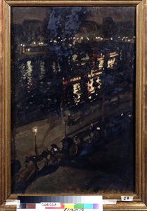 Paris la nuit. Vue de quais de la Seine, avec un attelage à cheval, et des lumières de la ville qui se reflètent à la surface de l