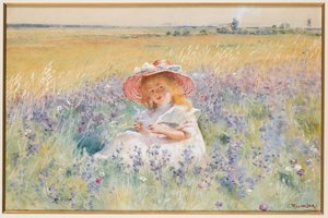 Une jeune fille dans un champ de sauge, marguerites et fléole des prés - Konstantin Egorovich Makovsky