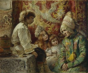 Grand-mère avec des enfants, conte de fées de grand-mère, 1882