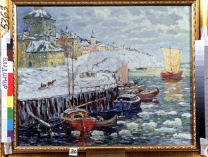 Berge dans une vieille ville russe. Description des quais où sont amarrées des barques sur une rivière couvertes de blocs de neige, à l