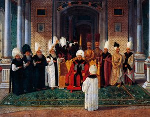 Selim III (1761-1808) recevant des dignitaires sous le dais de la Porte de la Félicité à Topkapi (détail) - Konstantin Kapidagli
