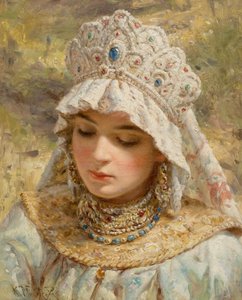 Konstantin Makovsky (attr) Fille avec Kokoshnik