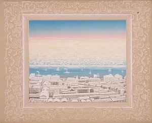 Vue aérienne de Londres avec bordure décorative, vers 1845
