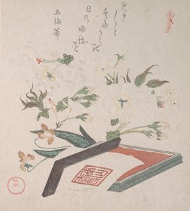 Fleurs de cerisier et boîte à sceau avec encre et règle, 19e siècle - Kubo Shunman