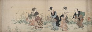 Quatre filles et un serviteur profitant des fleurs sauvages et des papillons - Kubo Shunman