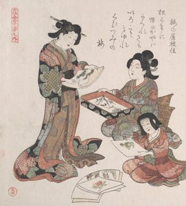 Deux femmes et une fille regardant des peintures, probablement 1815