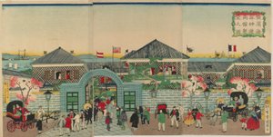 Image de la prospérité des établissements commerciaux le long de Nakadouri à Yokohama, époque Meiji, 1870 - Kuniteru II Utagawa