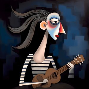 Troubadour femme avec sa guitare sous la lumière de la lune