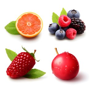 4 fruits et baies isolés sur fond blanc