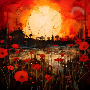 Art paysager abstrait avec un champ de fleurs sauvages et un soleil rouge vif 1