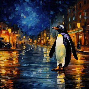 Un pingouin en costume marche dans la rue 2
