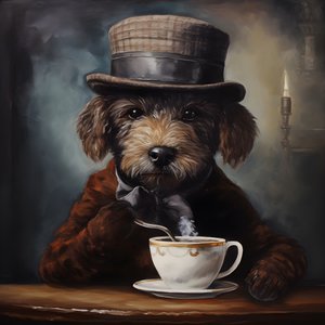 Un caniche cultivé boit une tasse de thé, porte un col roulé et une casquette plate, fond enfumé 4