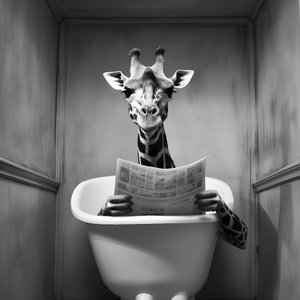 Girafe heureuse assise sur les toilettes avec un journal 1