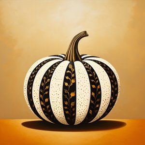 Citrouille dorée, blanche et noire sur fond beige